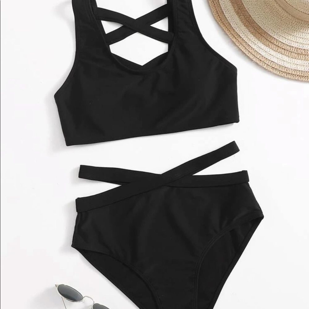 Solid Black High Waisted Flattering Strappy Bikini - Picture 5 of 9